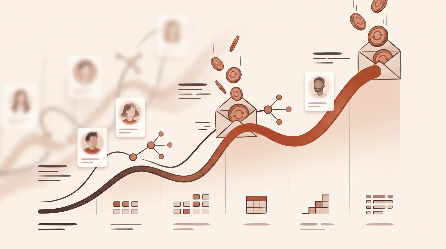 Editorial illustration of recurring affiliate revenue growing over time.