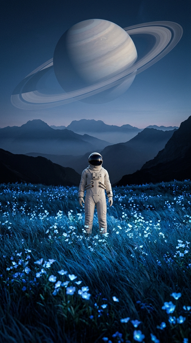 Astronaut in a glowing meadow